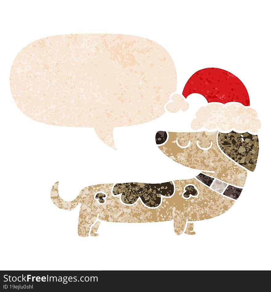 cartoon dog wearing christmas hat and speech bubble in retro textured style