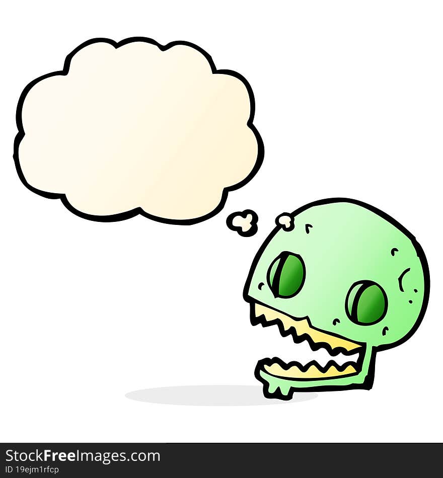 cartoon spooky skull with thought bubble