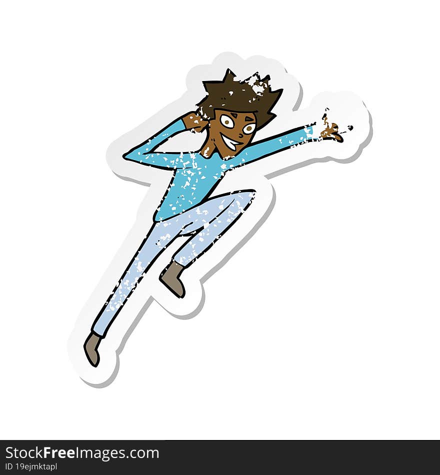 retro distressed sticker of a cartoon jumping man