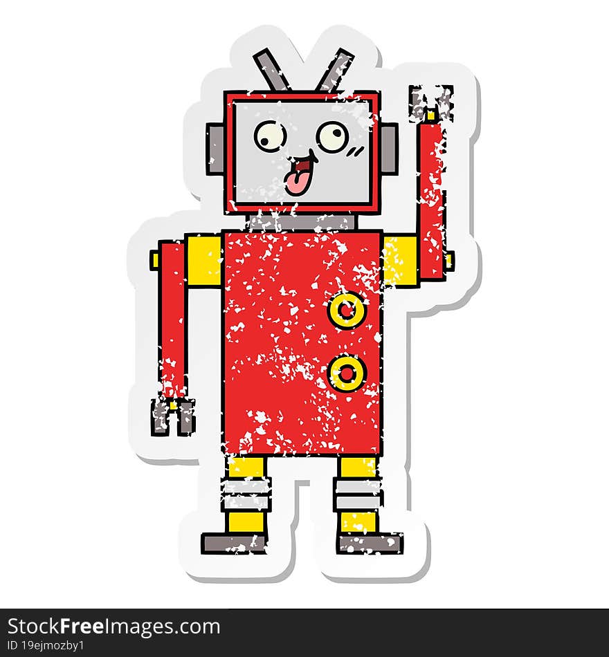 distressed sticker of a cute cartoon crazy robot