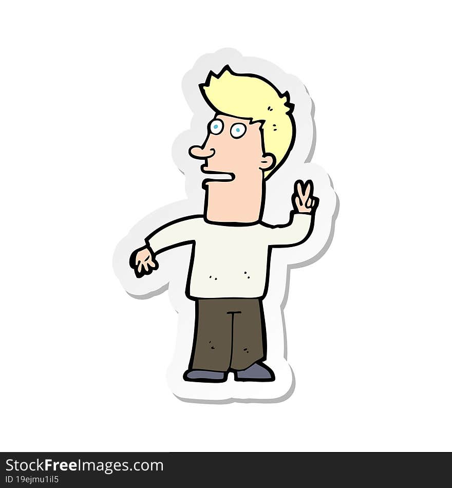 sticker of a cartoon man making peace sign