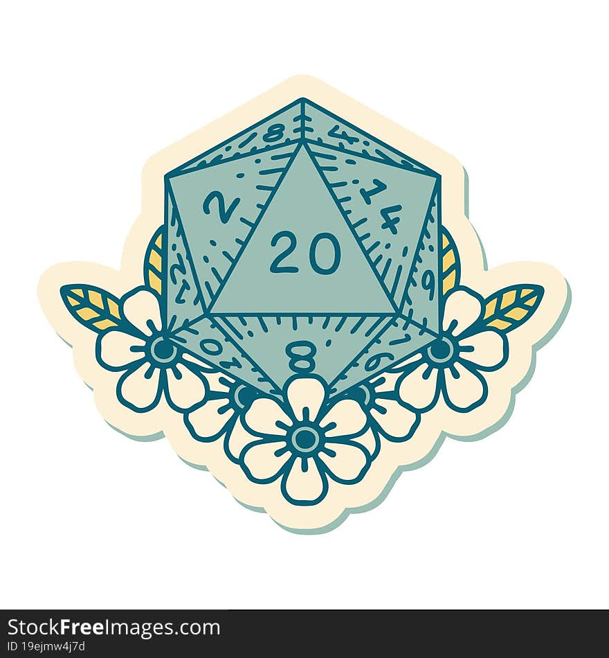 sticker of tattoo in traditional style of a d20. sticker of tattoo in traditional style of a d20