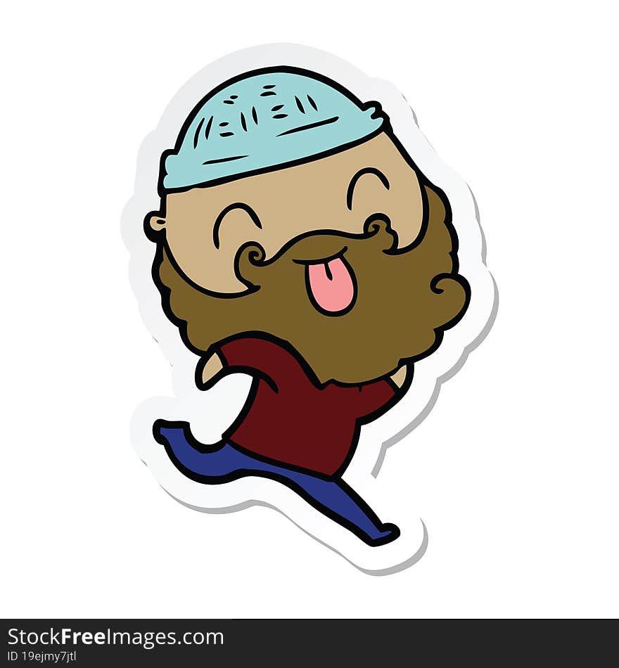 sticker of a running man with beard sticking out tongue