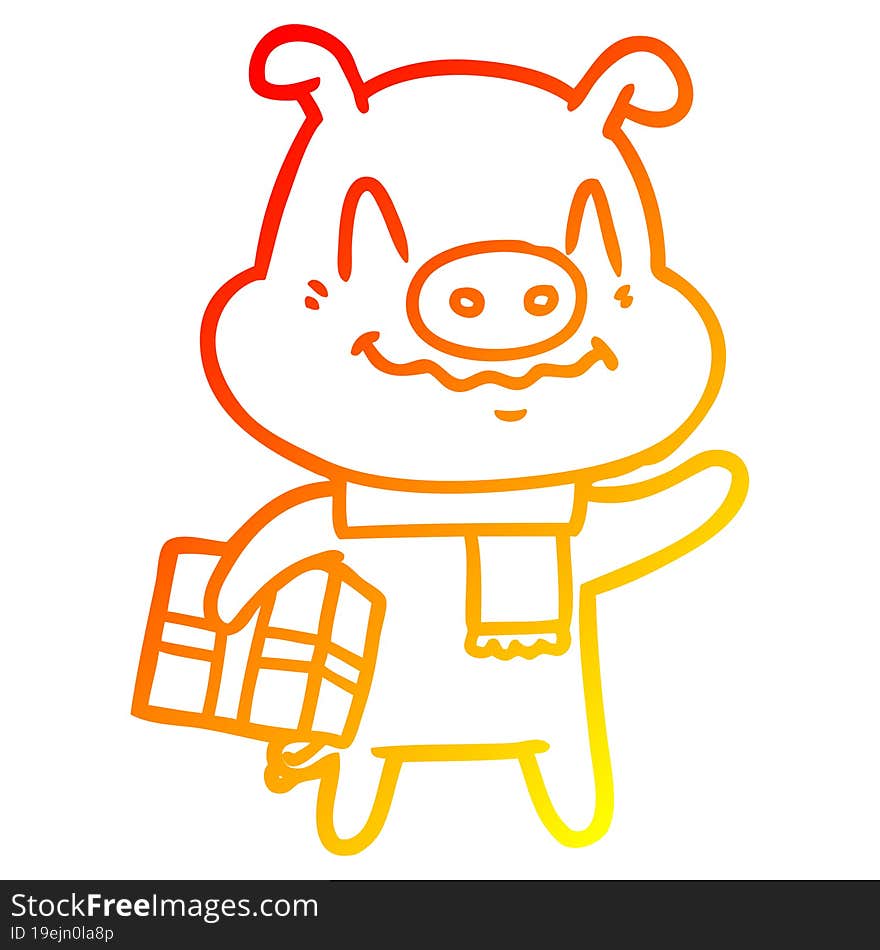 warm gradient line drawing nervous cartoon pig with present