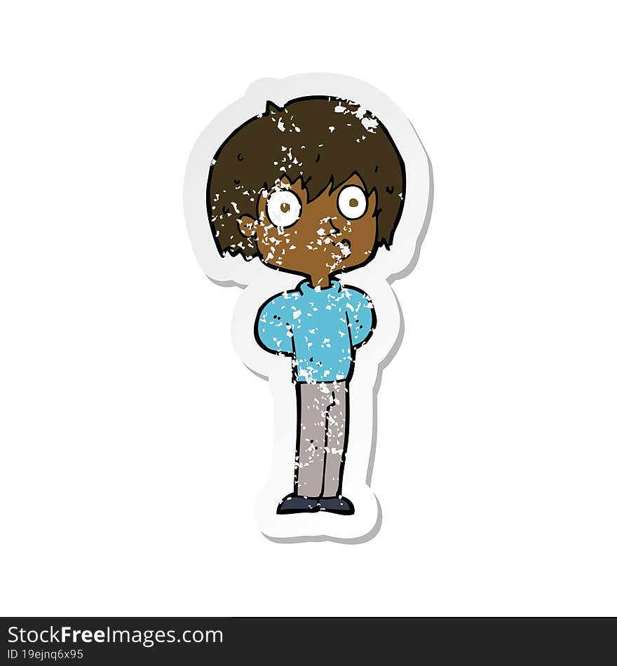 retro distressed sticker of a cartoon impressed boy