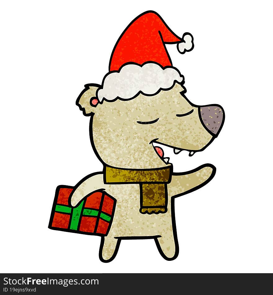 hand drawn textured cartoon of a bear with present wearing santa hat