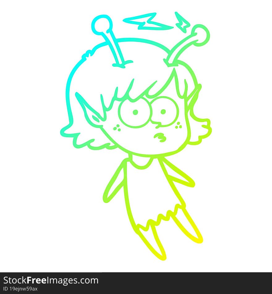 cold gradient line drawing of a cartoon alien girl