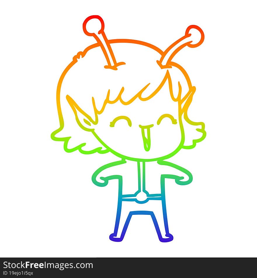 Rainbow Gradient Line Drawing Cartoon Alien Girl Laughing