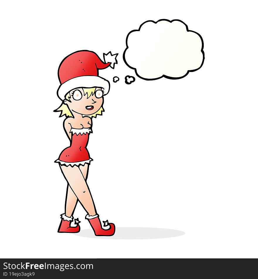 cartoon woman in christmas elf costume with thought bubble