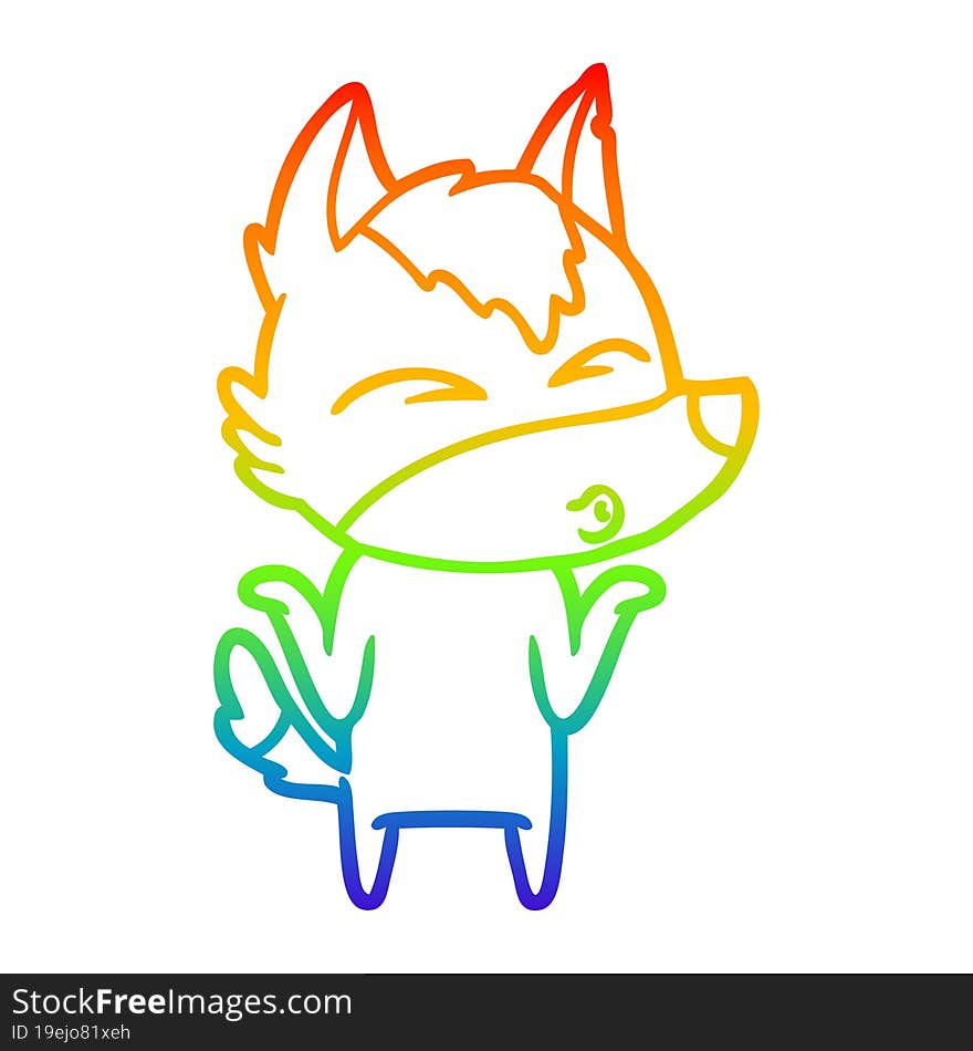 rainbow gradient line drawing cartoon wolf shrugging shoulders