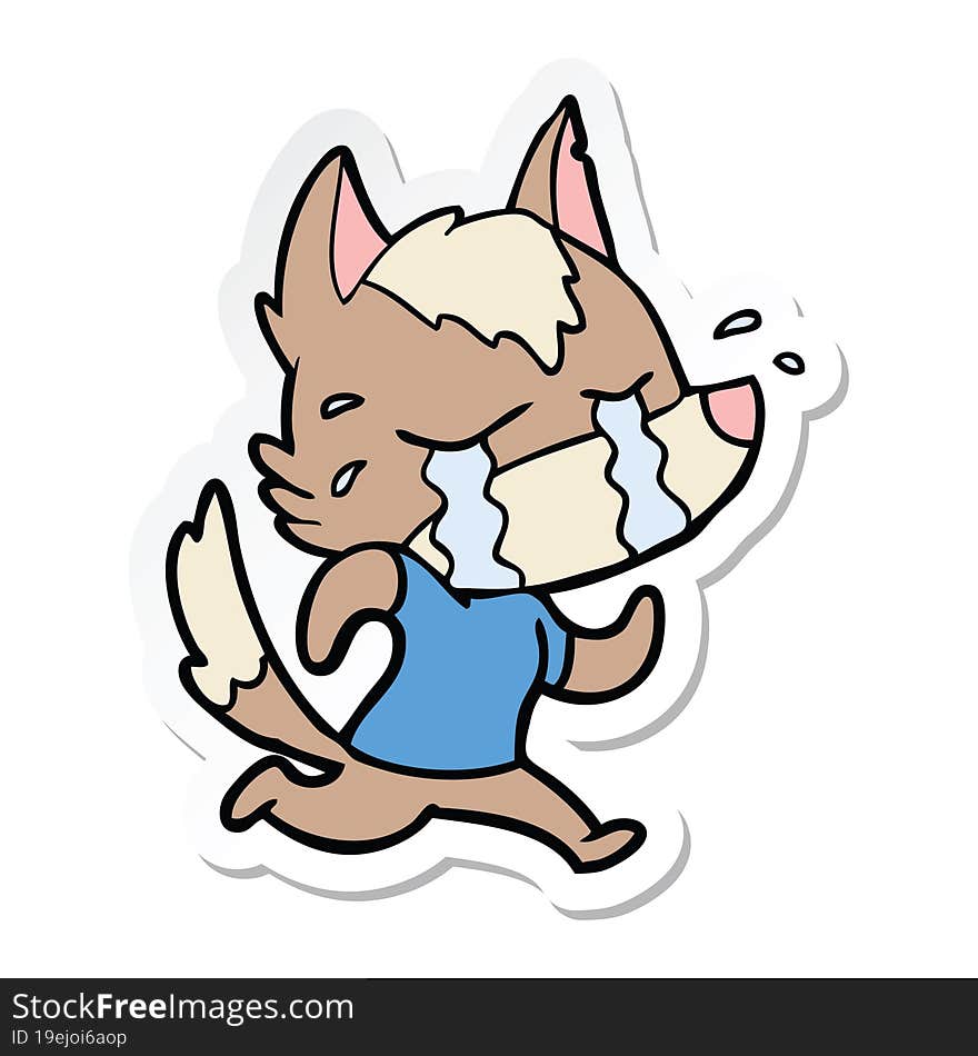 sticker of a cartoon crying wolf running away