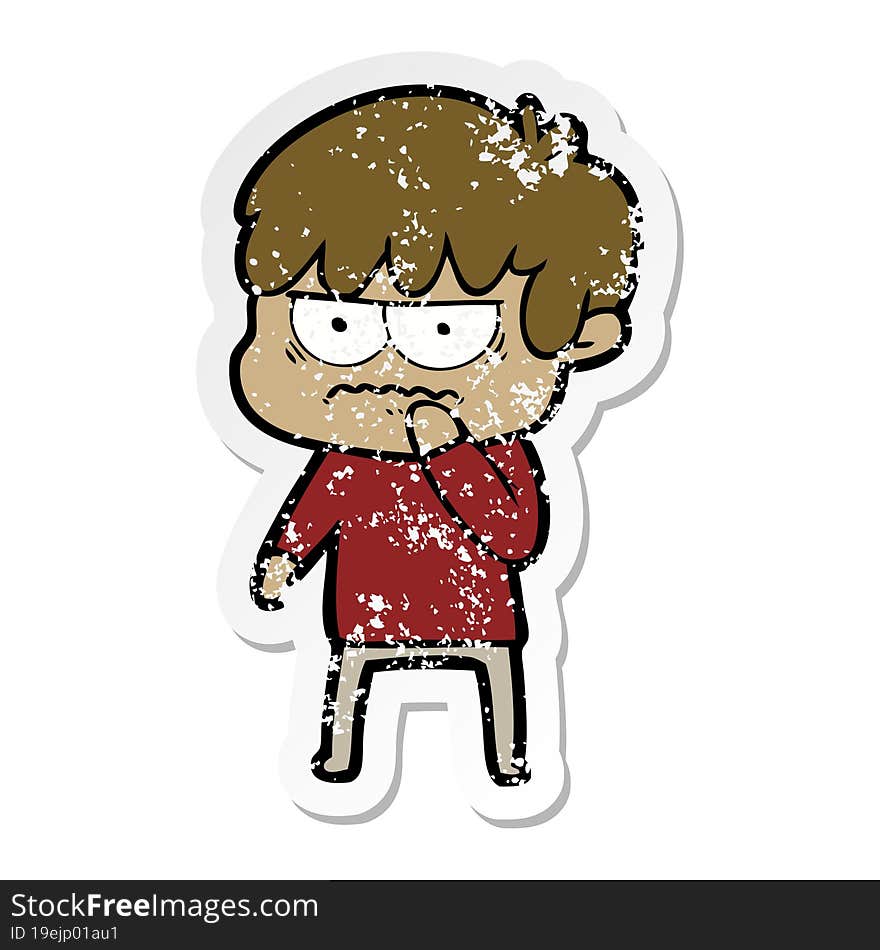 distressed sticker of a annoyed cartoon boy