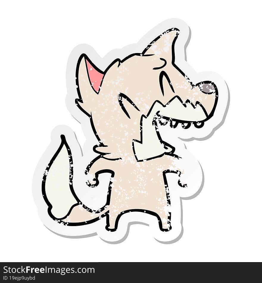 distressed sticker of a laughing fox cartoon