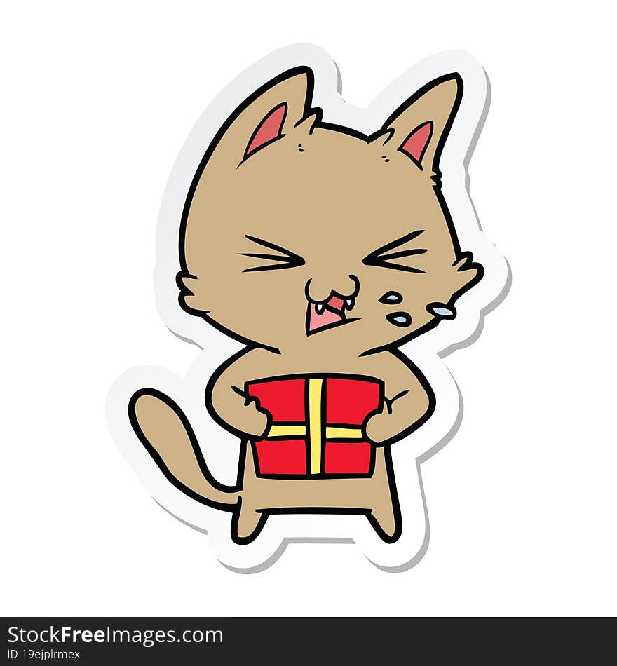 sticker of a cartoon hissing cat with christmas present