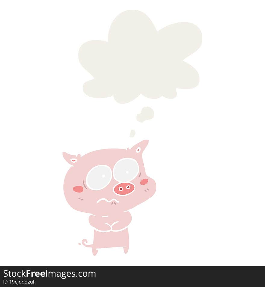 cartoon nervous pig and thought bubble in retro style