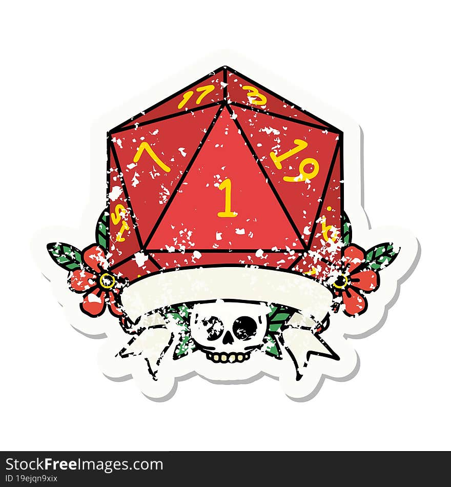 natural one d20 dice roll grunge sticker