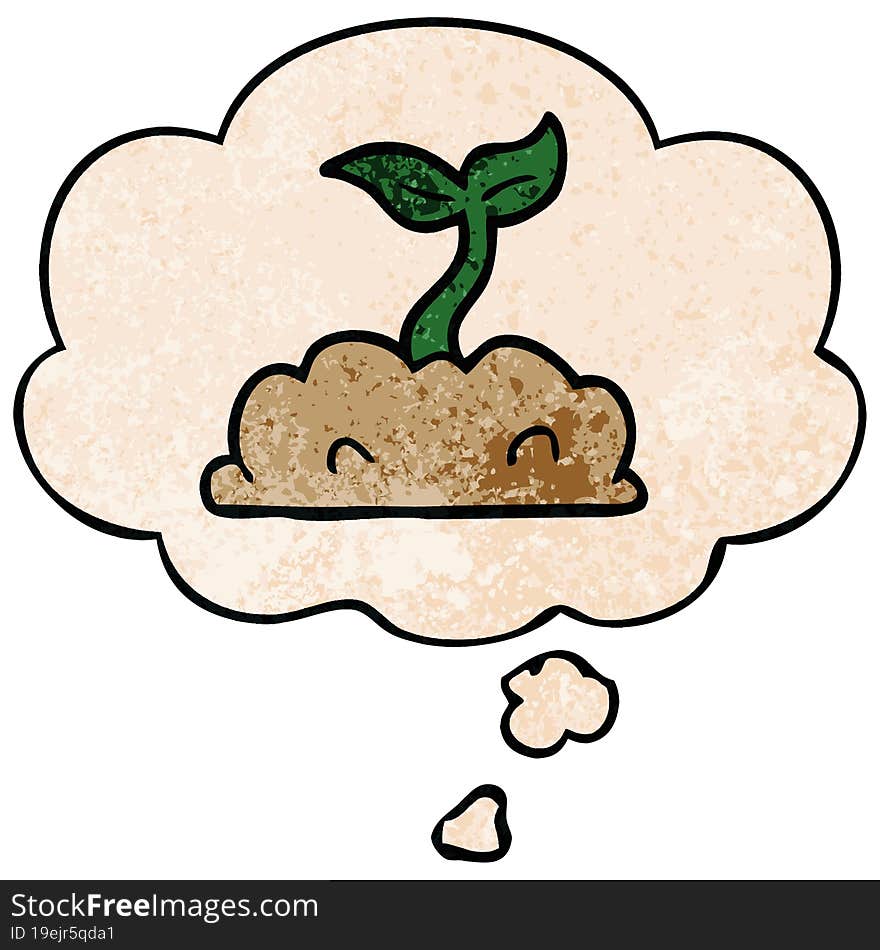 cartoon growing seedling and thought bubble in grunge texture pattern style