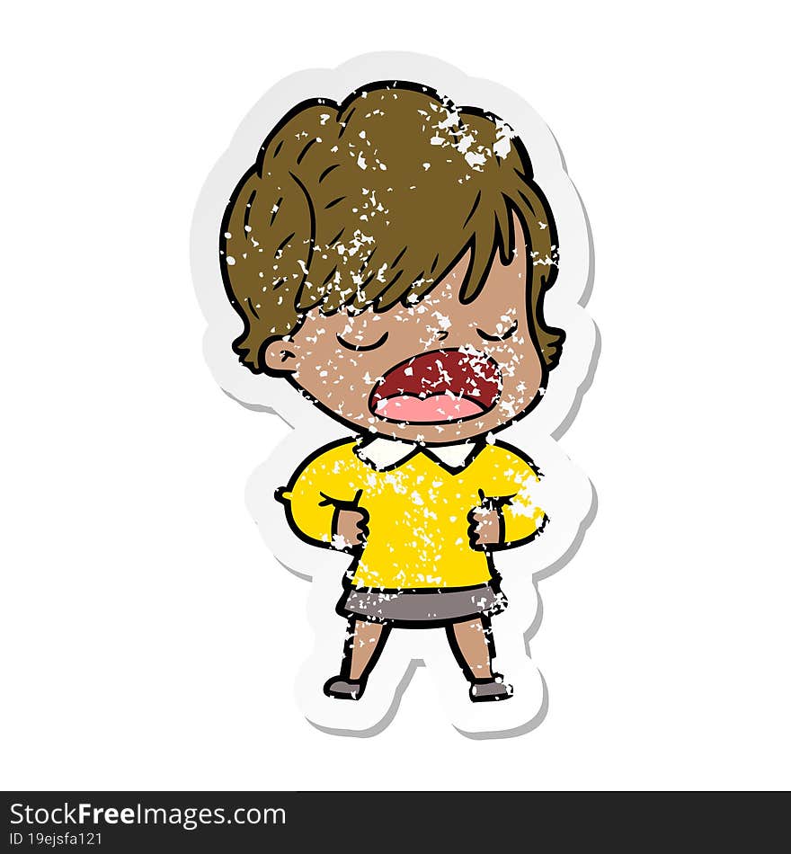 distressed sticker of a cartoon woman talking