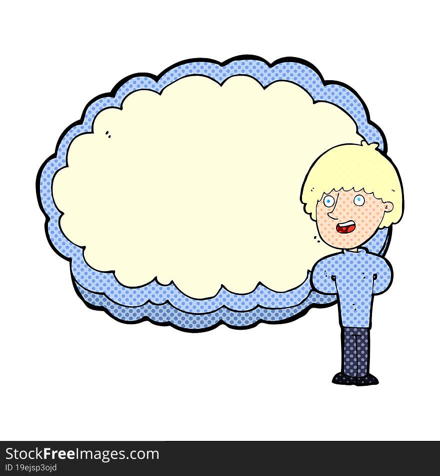 cartoon happy man with cloud text space