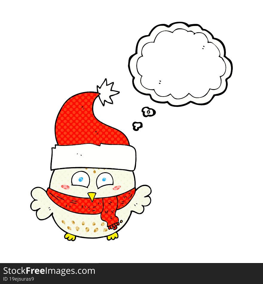 Thought Bubble Cartoon Owl Wearing Christmas Hat