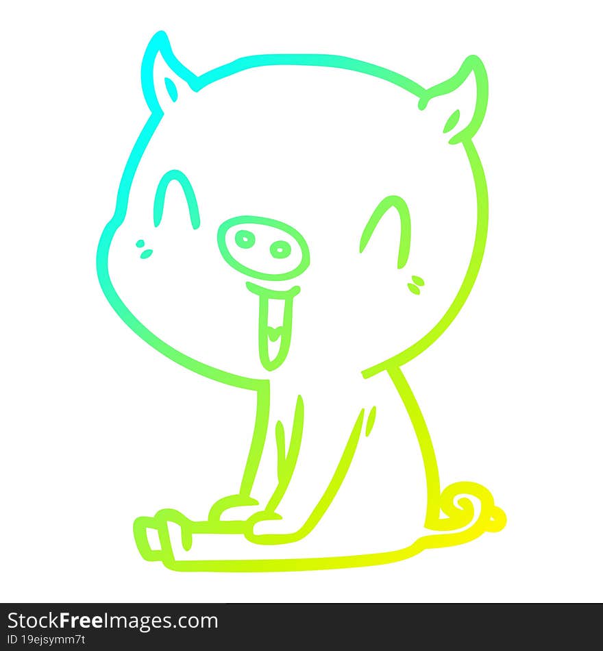 cold gradient line drawing happy cartoon pig sitting