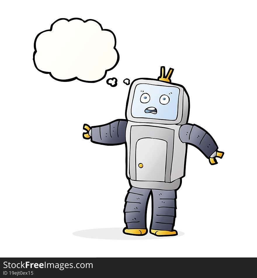 cartoon funny robot with thought bubble