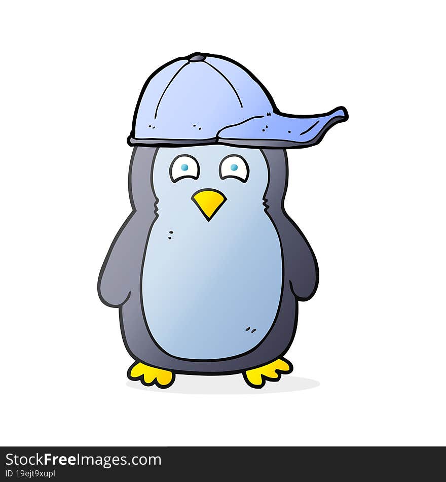 freehand drawn cartoon penguin wearing hat