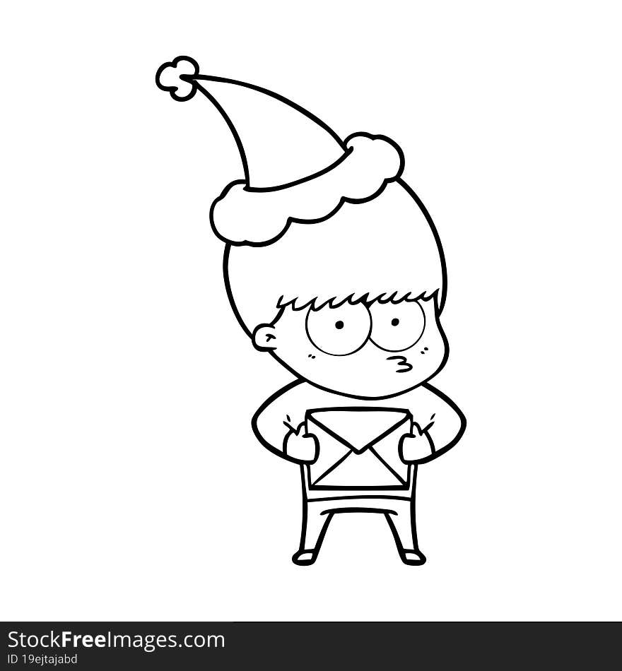 nervous hand drawn line drawing of a boy wearing santa hat. nervous hand drawn line drawing of a boy wearing santa hat