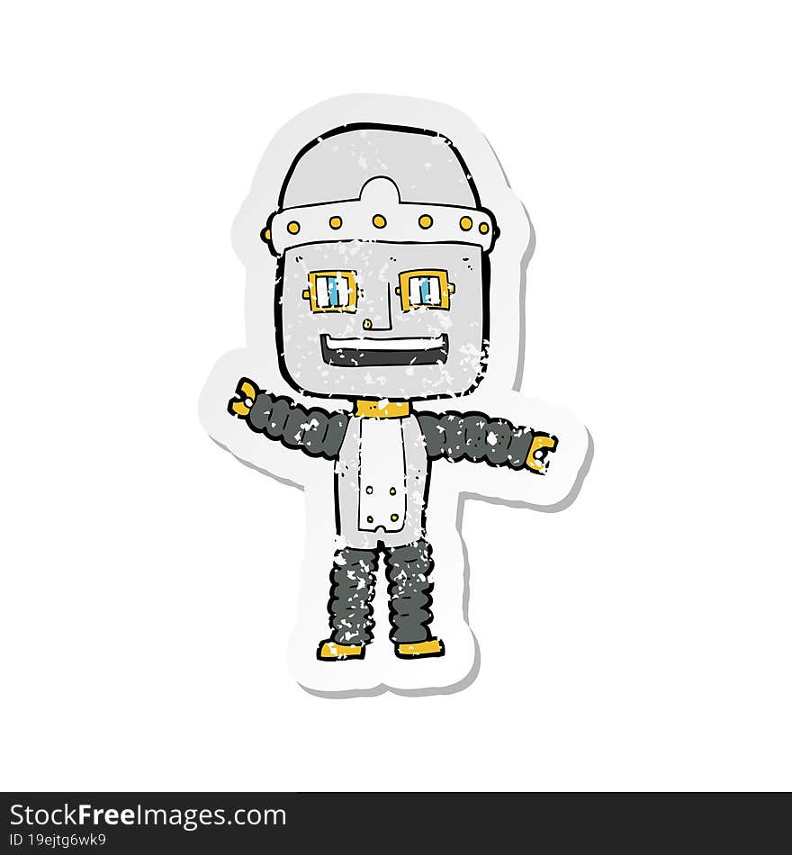 retro distressed sticker of a cartoon waving robot