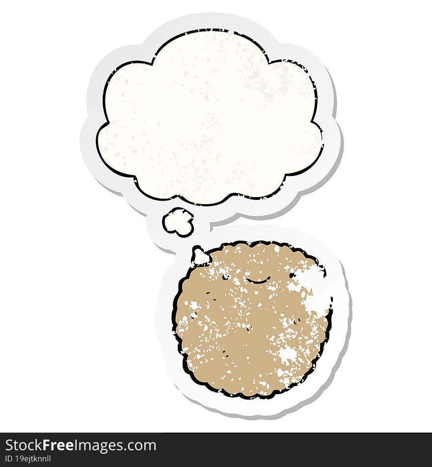 cartoon biscuit and thought bubble as a distressed worn sticker