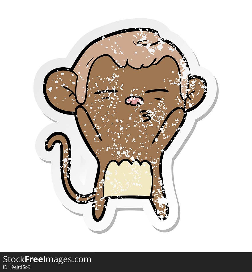 distressed sticker of a cartoon suspicious monkey