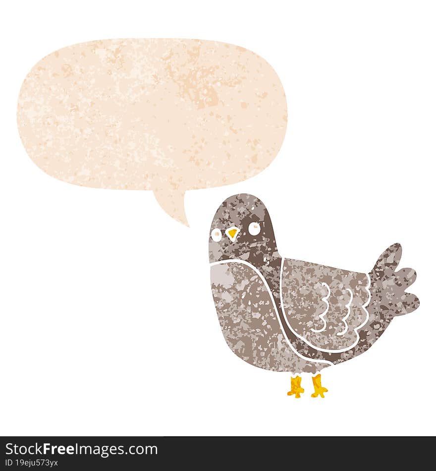 cartoon bird and speech bubble in retro textured style