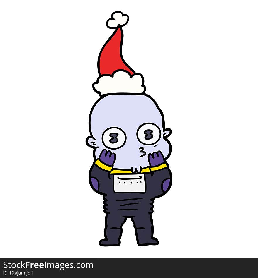 line drawing of a weird bald spaceman wearing santa hat