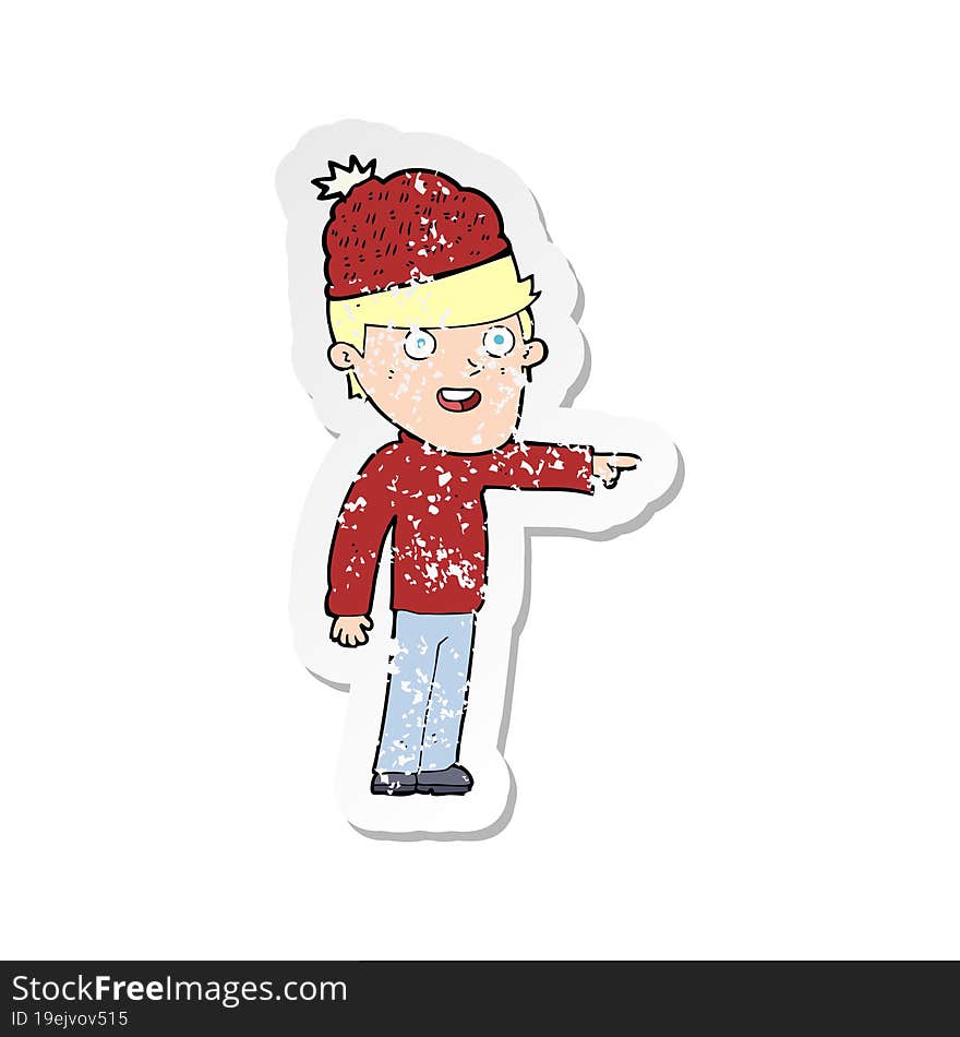 Retro Distressed Sticker Of A Cartoon Man Wearing Winter Hat