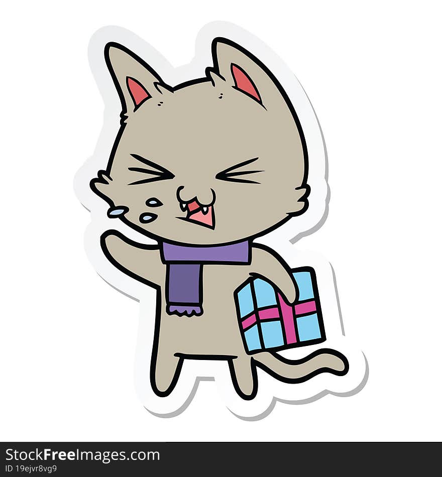 sticker of a cartoon hissing cat with christmas present