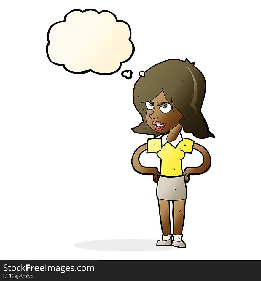 Cartoon Annoyed Woman With Hands On Hips With Thought Bubble