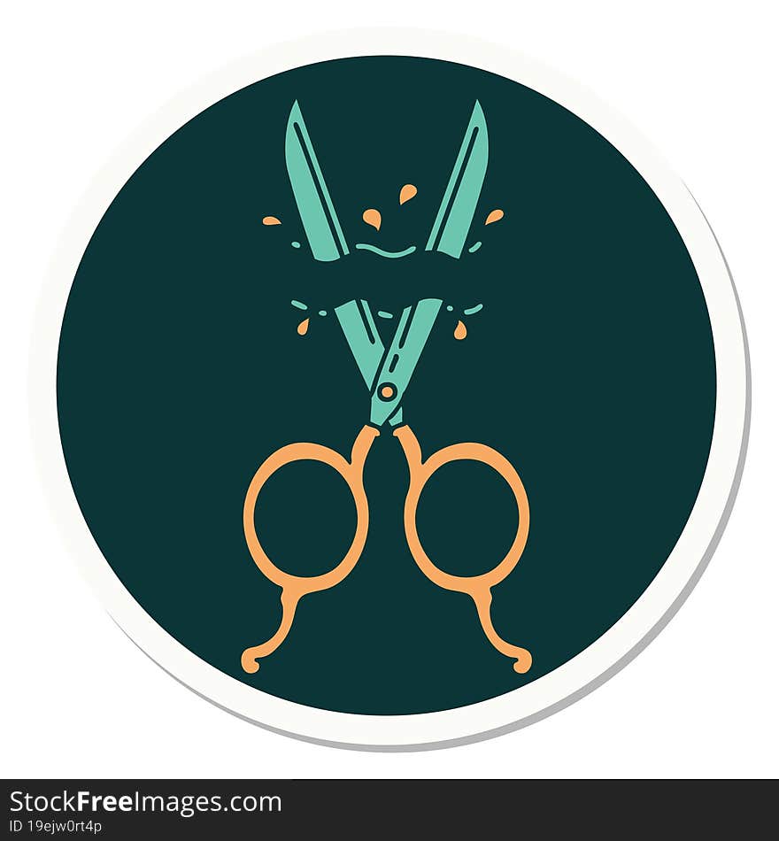 sticker of tattoo in traditional style of barber scissors. sticker of tattoo in traditional style of barber scissors