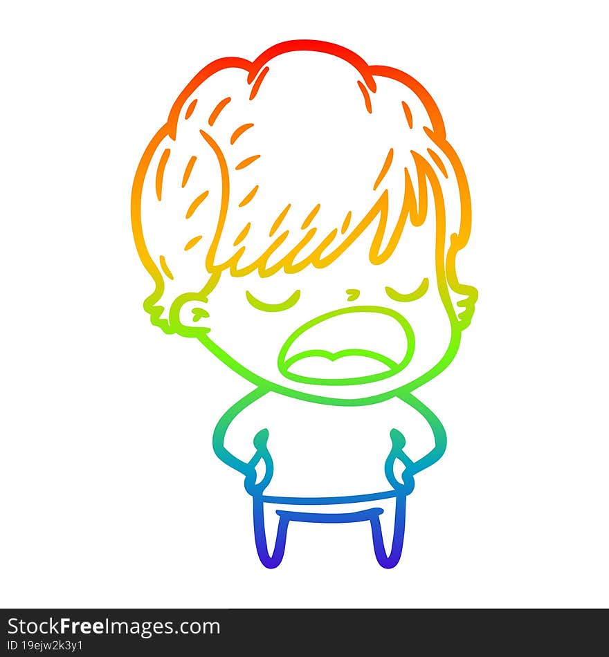 rainbow gradient line drawing of a cartoon woman talking