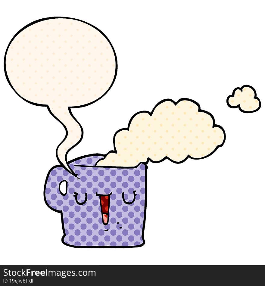 cartoon hot cup of coffee and speech bubble in comic book style