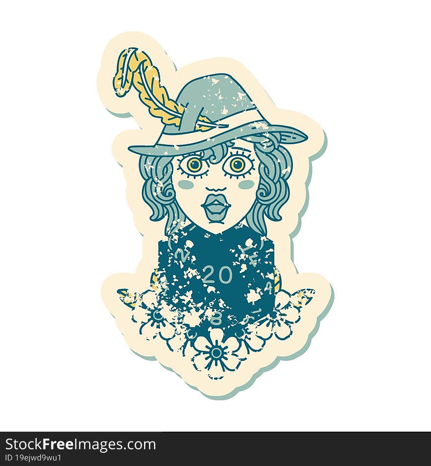 grunge sticker of a human bard with natural 20 dice roll. grunge sticker of a human bard with natural 20 dice roll