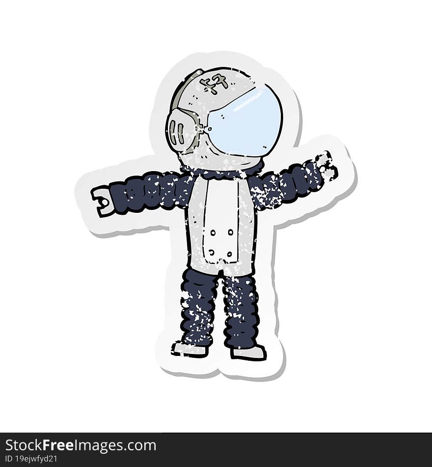 retro distressed sticker of a cartoon astronaut reaching