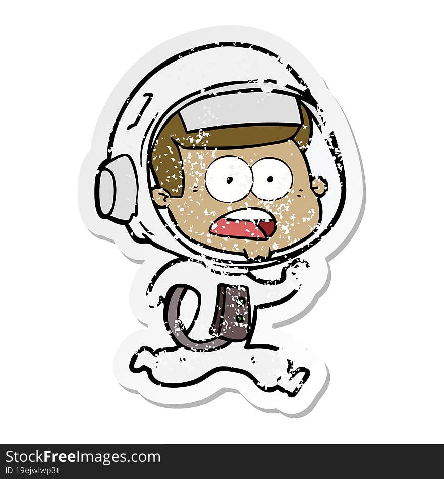 distressed sticker of a cartoon surprised astronaut