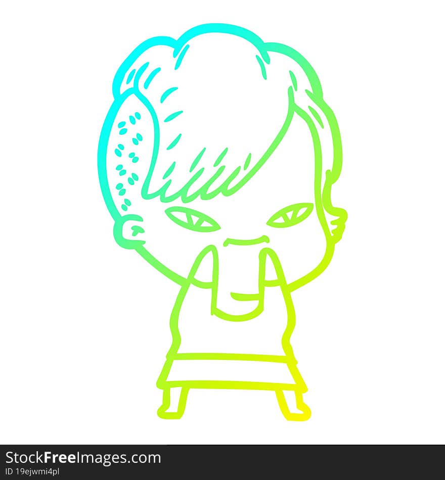 cold gradient line drawing of a cute cartoon girl with hipster haircut