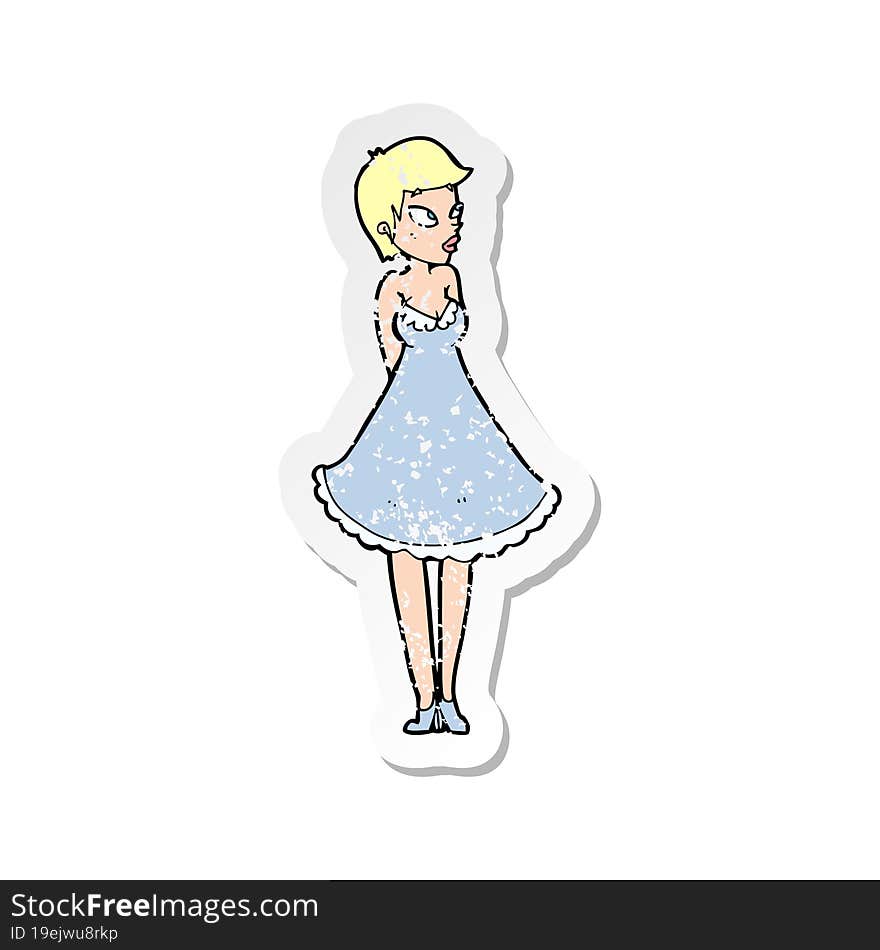 Retro Distressed Sticker Of A Cartoon Pretty Woman In Dress