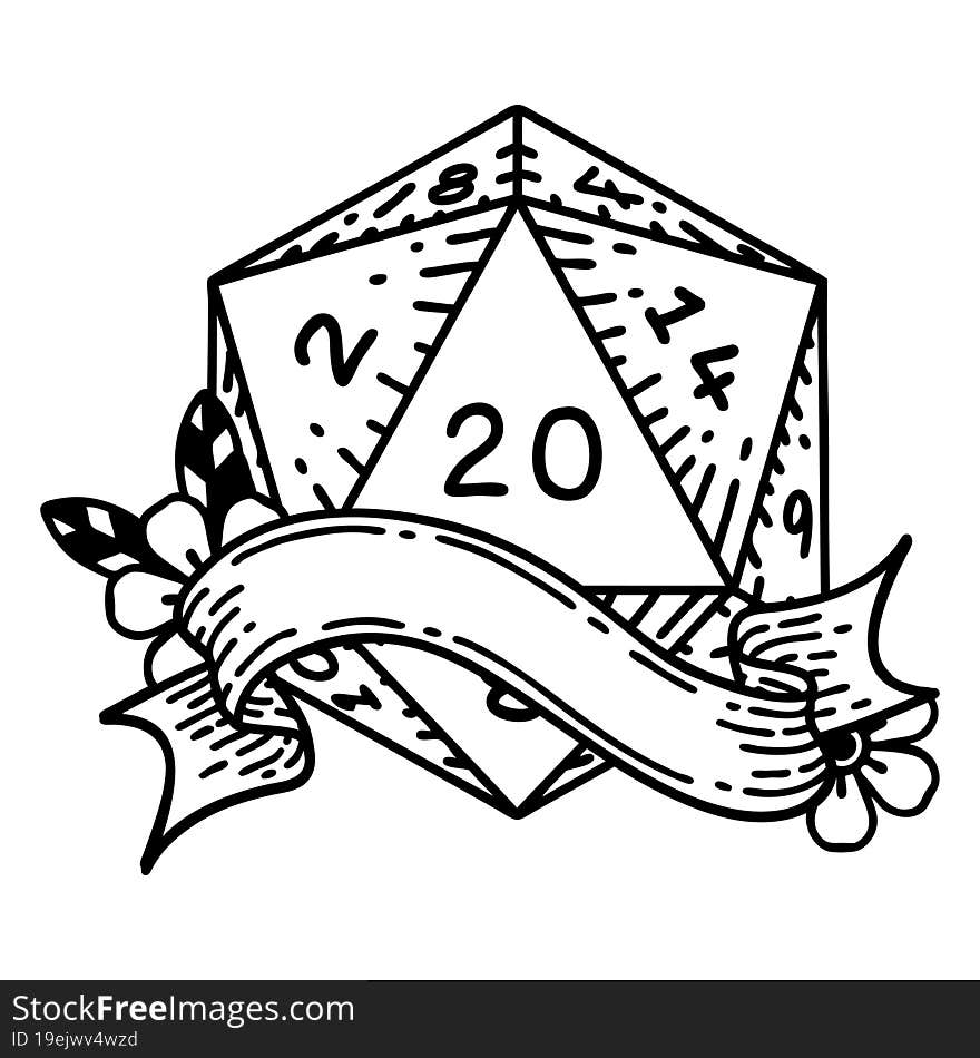 Black and White Tattoo linework Style natural twenty D20 dice roll. Black and White Tattoo linework Style natural twenty D20 dice roll