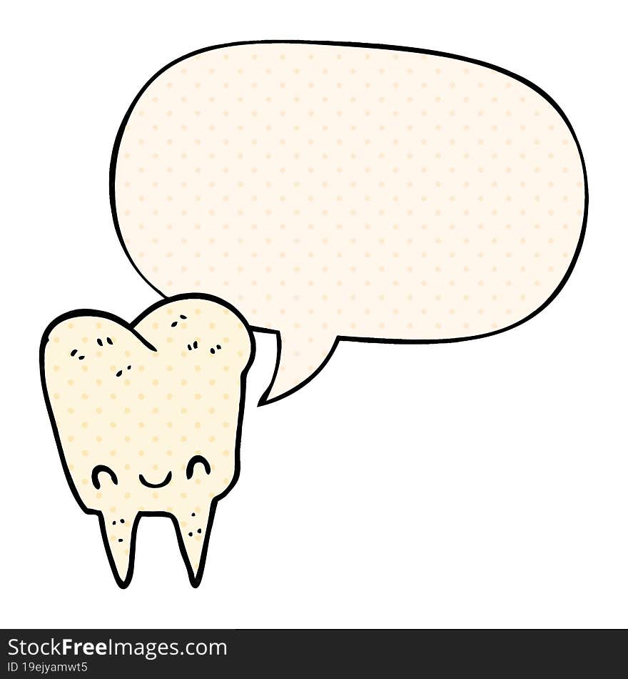 cartoon tooth with speech bubble in comic book style