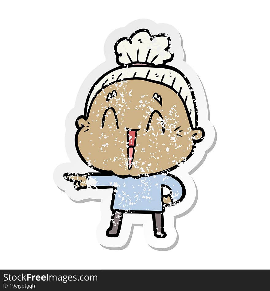 distressed sticker of a cartoon happy old lady