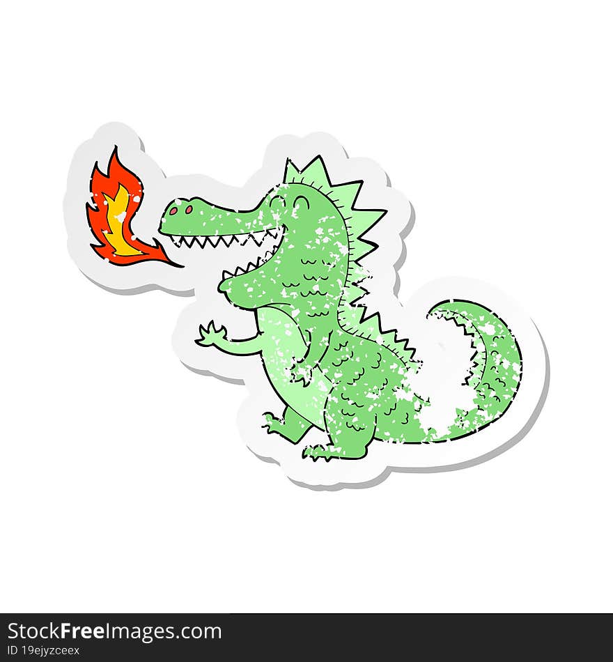 retro distressed sticker of a cartoon fire breathing dragon