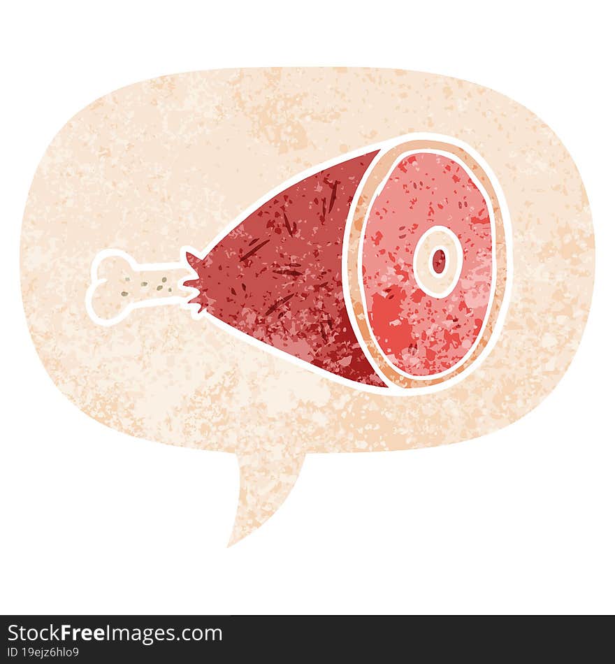 cartoon cooked meat and speech bubble in retro textured style