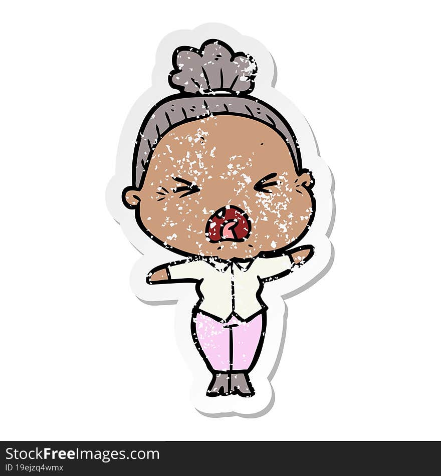 distressed sticker of a cartoon angry old woman